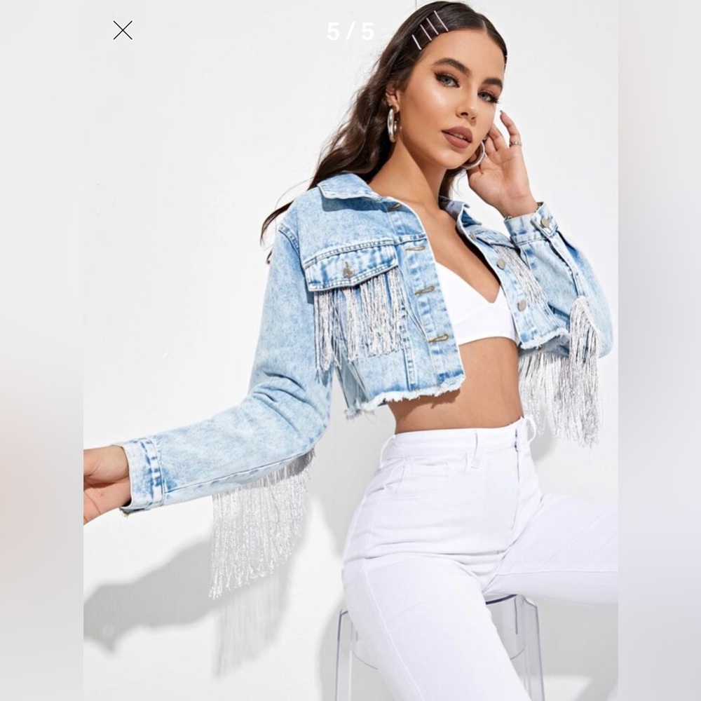 SHEIN Light Wash Blue Cropped Fringe Denim Jacket